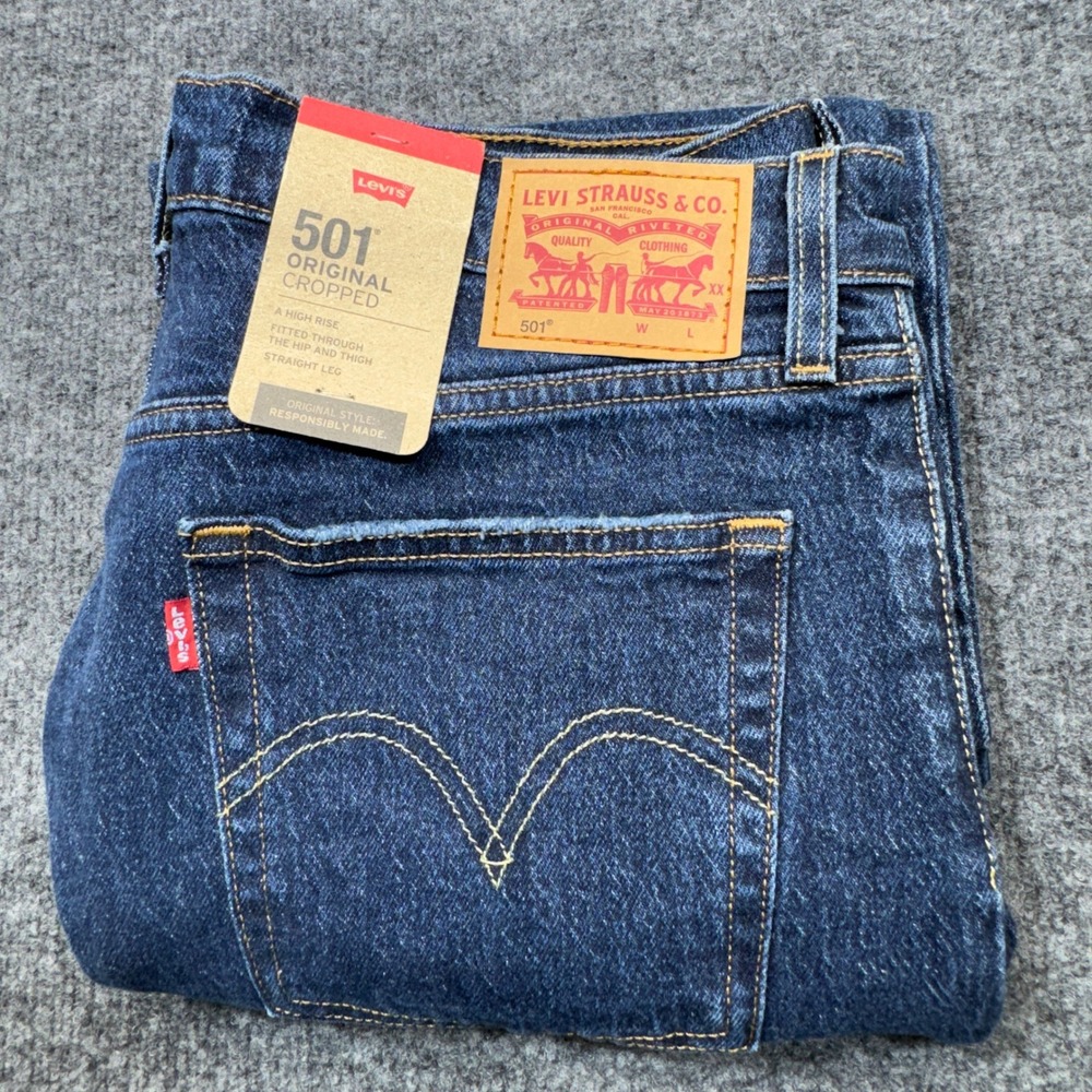 Levis 501 Jeans Womens 32x26 Blue Original Cropped Distressed Stretch Button Fly